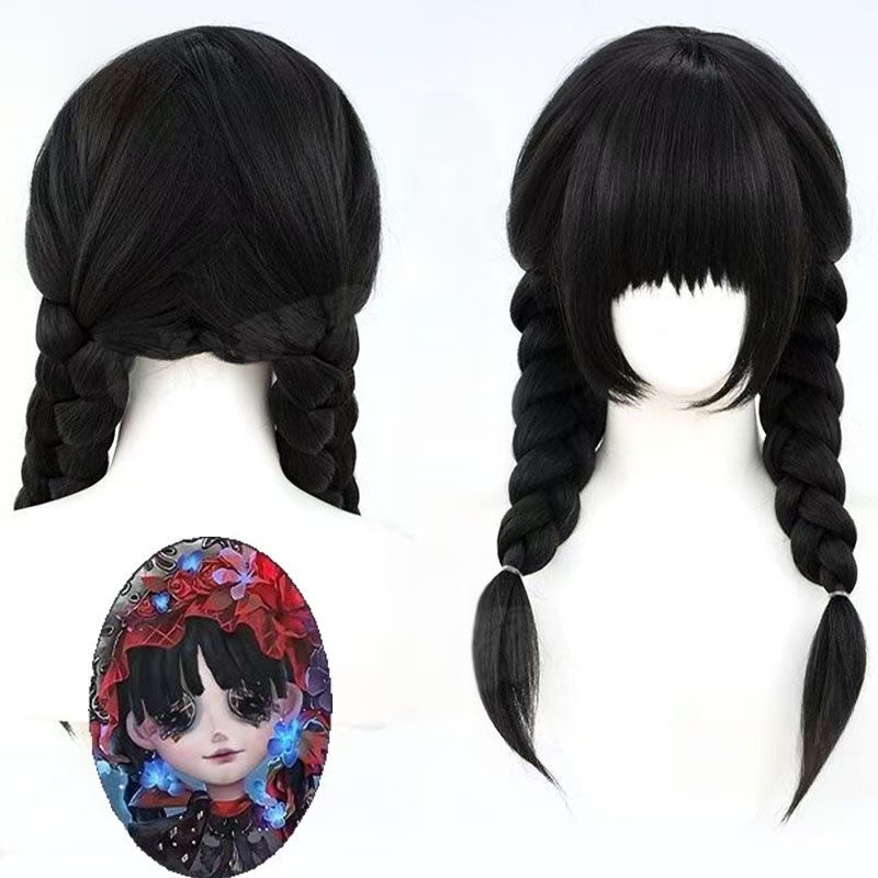 Anime Cosplay Little Girl - Perruque synthétique noire à double tresses